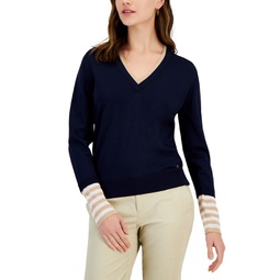 Womens Striped-Cuff V-Neck Sweater