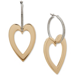 Two-Tone Heart Charm Pave Hoop Earrings