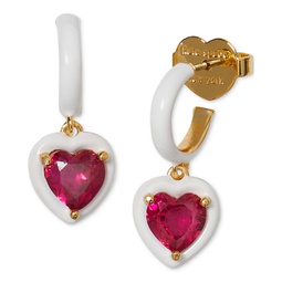Gold-Tone White-Framed Red Crystal Heart Charm Huggie Hoop Earrings