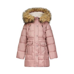 Girls Faux Fur Trim Warm Winter Parka Coat with Cinch Waist Kids