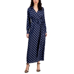 Womens Printed Collared Faux-Wrap Maxi Dress