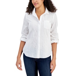 Womens Textured Button-Front Roll-Tab-Sleeve Top