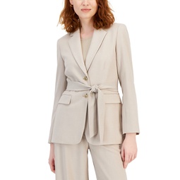 Womens Belted Notched-Lapel Blazer