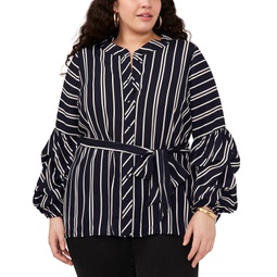 Plus Size Striped Belted Blouse