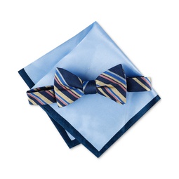 Mens Stripe Bow Tie & Solid Pocket Square Set