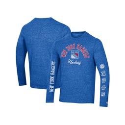 Mens Heather Blue Distressed New York Rangers Multi-Logo Tri-Blend Long Sleeve T-shirt
