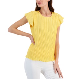 Womens Flutter-Sleeve Pleated Top