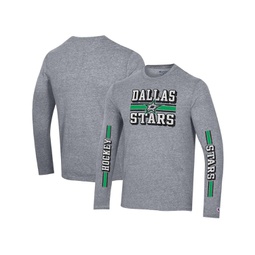 Mens Heather Gray Distressed Dallas Stars Tri-Blend Dual-Stripe Long Sleeve T-shirt