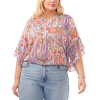 Plus Size Paisley Print Flutter Sleeve Pleated Top