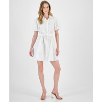Womens Puff-Sleeve Belted Eyelet Dress
