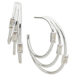 Silver-Tone Medium Baguette Cubic Zirconia Triple-Row C-Hoop Earrings 1.47