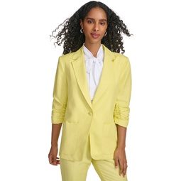 Womens Ruched-Sleeve Single-Button Blazer