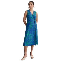 Womens Palm-Print Textured Wrap Midi Dress