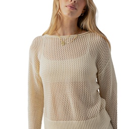 Womens Cotton Open-Knit Long-Sleeve Sweater
