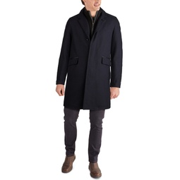 Mens Layered Look Classic-Fit Twill Topcoat with Faux-Leather Trim