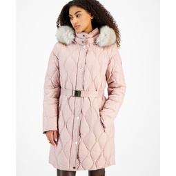 Womens Belted Faux-Fur-Trimmed Hooded Puffer Coat