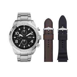Mens Bronson Chronograph Silver-Tone Stainless Steel Bracelet Watch 50mm and Interchangeable Brown Leather Strap Black Silicone Band Set