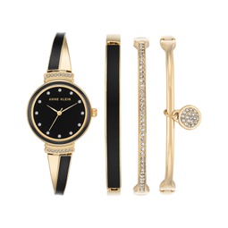 Womens Gold-Tone Alloy Bangle with Black Enamel Fashion Watch 33.5mm and Bracelet Set