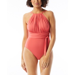 Womens Contours Belted High-Neck One-Piece Swimsuit