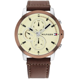 Mens Multifunction Brown Leather Strap Watch 46mm