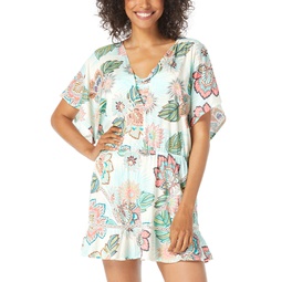 Womens Adorn Printed Lace-Trimmed Tiered Swim Dress Cover-Up