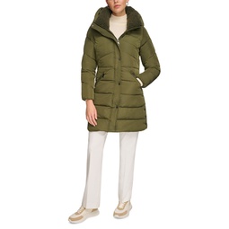 Womens Petite Faux-Sherpa Collar Hooded Stretch Puffer Coat