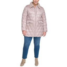 Plus Size Faux-Fur-Collar Quilted Coat