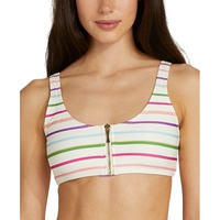Womens Striped Zip-Front Bikini Top