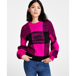 Womens Box Plaid Long-Sleeve Pullover Sweater
