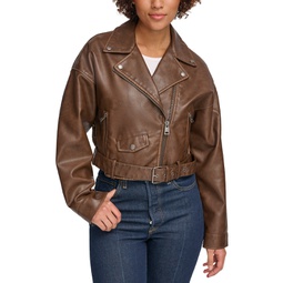 Womens Cropped Belted Moto Jacket
