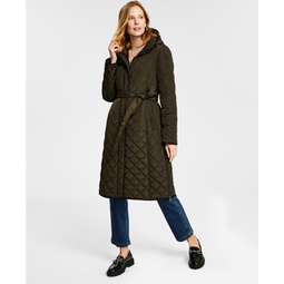 Womens Hooded Belted Quilted Coat