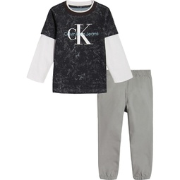 Little Boys Long Sleeve Printed Twofer Logo T-shirt and Twill Joggers 2 Piece Set