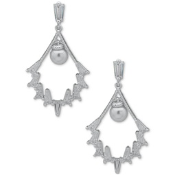 Silver-Tone Imitation Pearl & Crystal Baguette Chandelier Drop Earrings