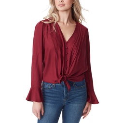 Womens Cecily Pleated Button-Down Tie-Front Blouse