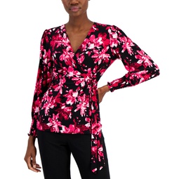 Womens V-Neck Side-Tie Printed Knit Top
