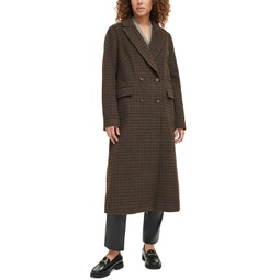 Womens Houndstooth Double Breasted Long Coat