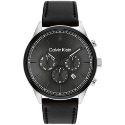 Mens Multi-Function Black Leather Strap Watch 44mm