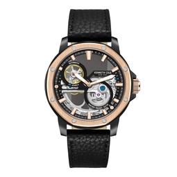 Mens Automatic Black Genuine Leather Watch 44mm