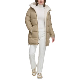 Womens Faux-Fur-Lined Hooded Puffer Coat
