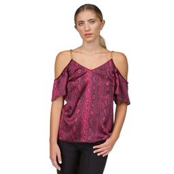 Womens Snakeskin-Print Cold-Shoulder Chain Top