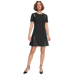 Womens Studded Mixed-Media Fit & Flare Dress