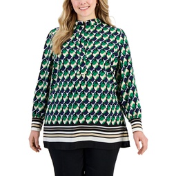 Plus Size Geo-Print Covered-Placket Poet Blouse