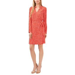 Womens Printed Collared Faux Wrap Long Sleeve Dress