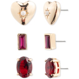 Gold-Tone 3-Pc. Set Imitation Pearl Heart & Color Stone Stud Earrings