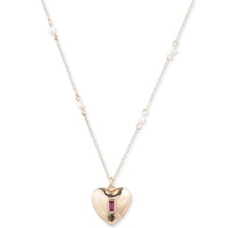 Gold-Tone Baguette Stone Heart Imitation Pearl Beaded Pendant Necklace 16 + 3 extender