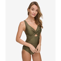 Womens Shirred Keyhole Detail One-Piece Swimsuit