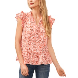 Womens Printed Ruffle Trimmed Tie-Neck Blouse