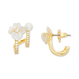 Gold-Tone Small Pave & Mother-of-Pearl Pansy Double-Row Huggie Hoop Earrings 0.66