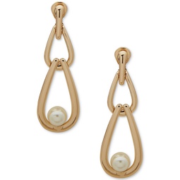 Gold-Tone Link & Imitation Pearl Clip-On Linear Drop Earrings