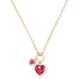 Gold-Tone White-Framed Red Crystal Heart Multi-Charm Pendant Necklace 16 + 3 extender